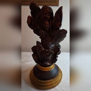 Carved Wood Floral Sculpture on Pedestal Base Large 11”